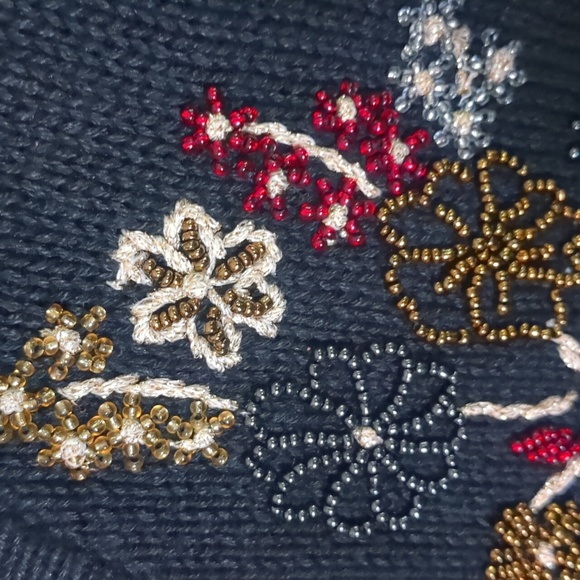 DRESS BARN* long sleeve beaded floral motif black cotton ramie sweater button fr - Picture 7 of 10